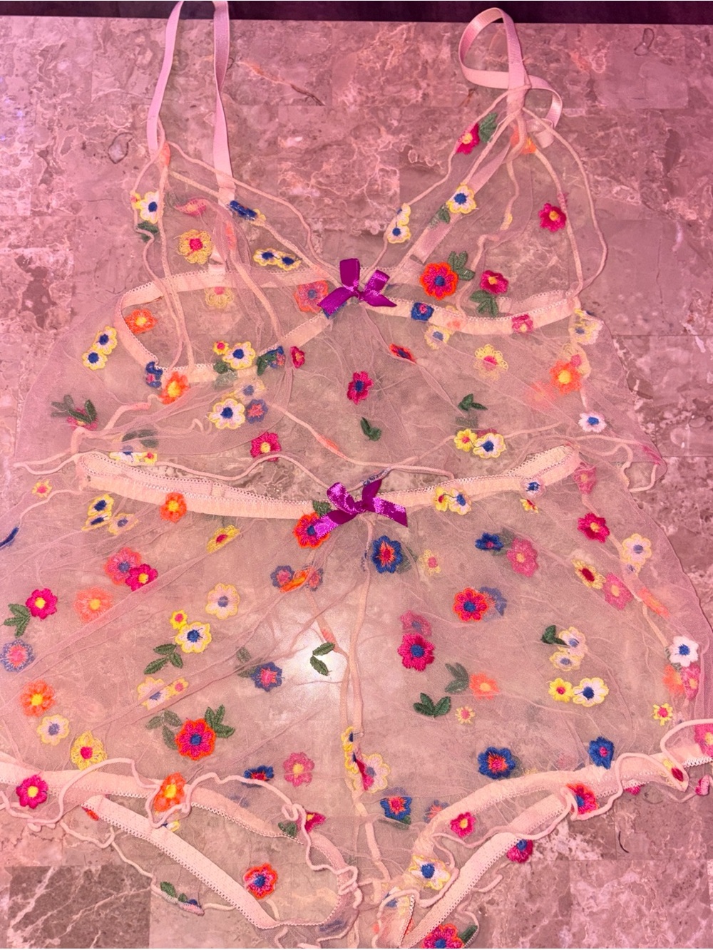 Sheer Floral Embroidered Babydoll Matching Set in Blush with Multicolor Flowers